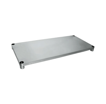 Replacement heavy duty stainless steel solid under shelf for commercial work benches and kitchen storage.