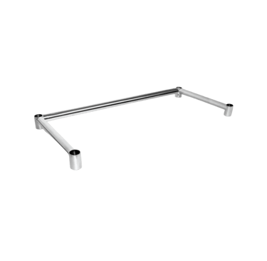 Reinforced heavy duty stainless steel U-shape leg brace for stabilizing kitchen work tables and equipment stands.