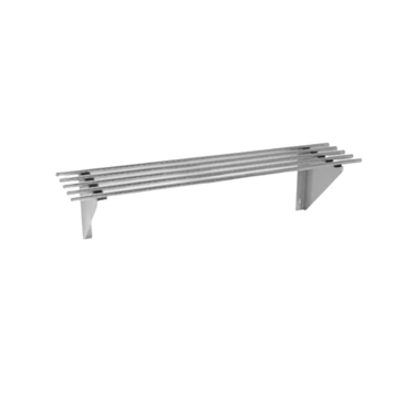 Tubular wall shelf made from heavy duty stainless steel with brackets, ideal for drying or storing kitchen equipment.