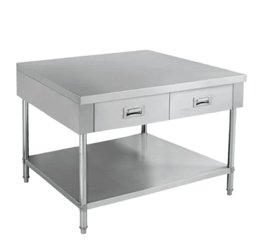 Professional work bench made from heavy duty stainless steel featuring two sliding drawers and a solid under shelf.