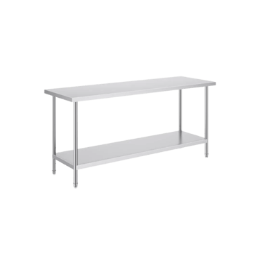 Large stainless steel bench with a long work surface, bottom shelf, and adjustable feet.