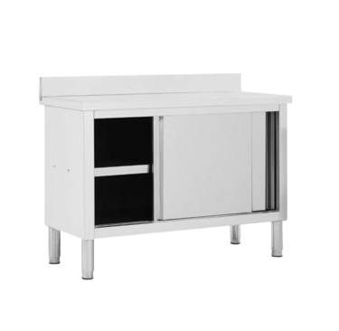 Stainless steel storage cabinet from our light duty range with sliding doors and a built-in splashback.