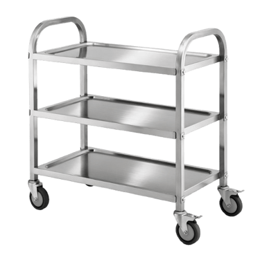 High-quality prosumer grade kitchen trolley with three stainless steel tiers and locking swivel castors.