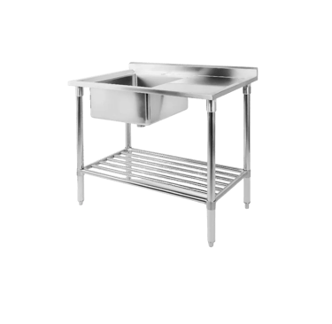 Prosumer grade stainless steel sink bench featuring a deep bowl, built-in splashback, and drainage shelf.
