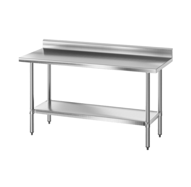 Prosumer grade stainless steel work table with a rear splashback and adjustable bullet feet.
