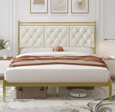 Queen Bed Frame with Velvet Upholstered Headboard Golden Bed Frame