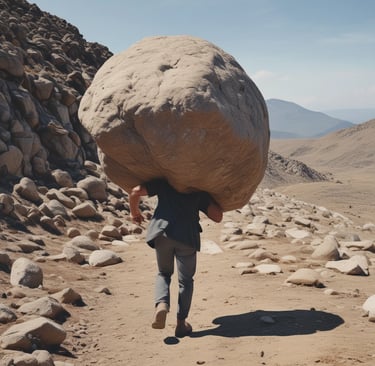 a man carrying a large rock on a mountain