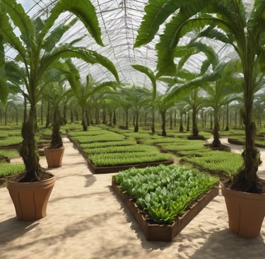 a greenhouse with plants growing in pots and a glass roof
