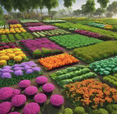 a field of flowers and trees in a field