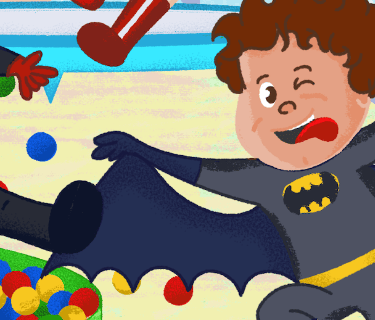 illustration of a boy wearing batman costume. He's showing his tongue and smiling