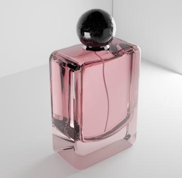 a pink perfume bottle with a black and white background