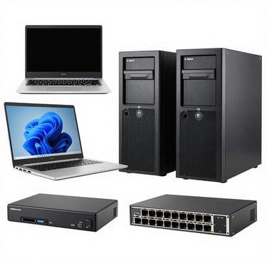 A stack of refurbished desktop computers neatly arranged in a bright, organized workspace.