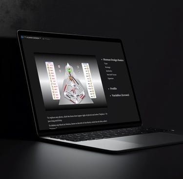 A sleek black laptop displaying a Notion page titled "Human Design Basics," showing a human design chart with activated