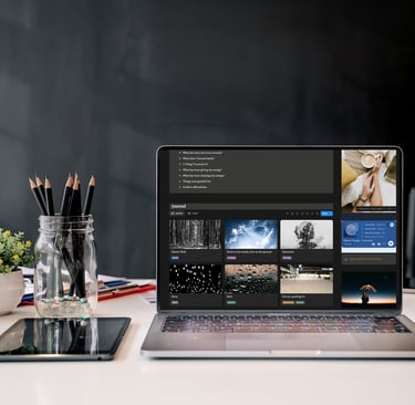 Laptop displaying a digital journal and productivity dashboard on a white desk with pencils and a tablet.