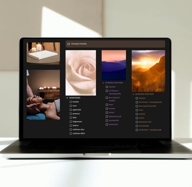 A laptop displaying a wellness dashboard with skincare routines and self-care checklists.