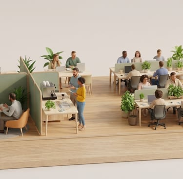 A 3D isometric illustration of a modern open-plan office with coworking spaces, ergonomic desks, and green plants.
