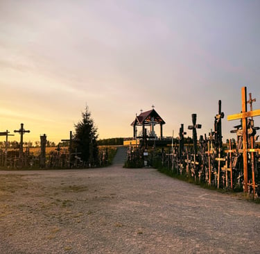 Hundreds of wooden crosses stand at the Hill of Crosses in Lithuania during a golden sunset.
