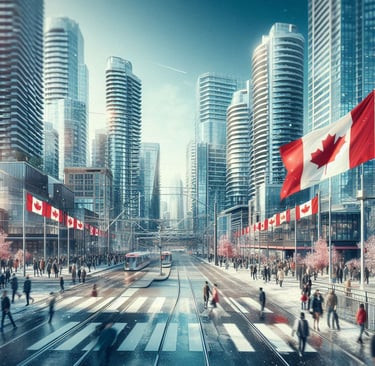 a city street scene with a bus and people walking on the street