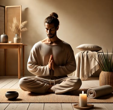 Meditationsszene mit einer minimalistischen und ruhigen Umgebung.