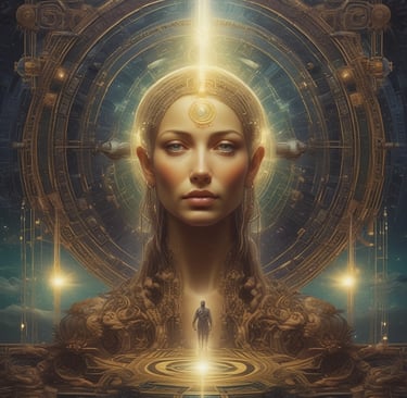 a woman with a golden halo on her head and a golden halo
