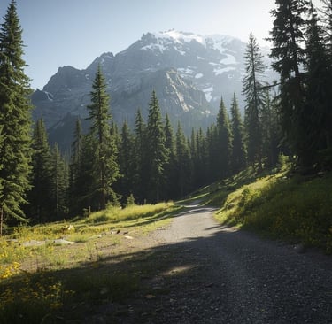 Doll Dreams AI generated trail in a forest with snow-capped mountains in the background