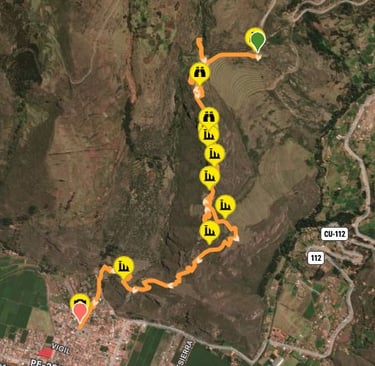 Walking route from Pisac Ruins to Pisac Village