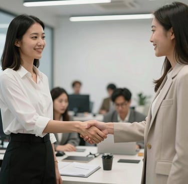 Satisfied customer shaking hands with a technician beside a vacuum packaging system.