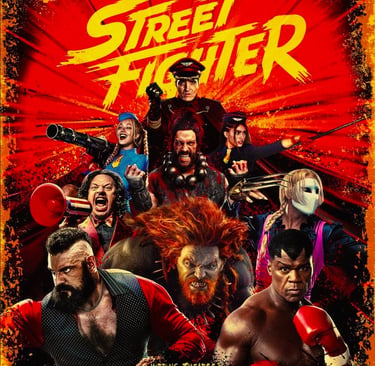Street Fighter movie poster featuring a cast of iconic video game characters on a gritty red background.