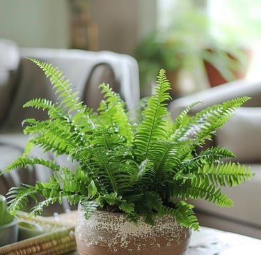 Lush green Boston fern houseplant in a ceramic bowl on a wooden coffee table in a bright living room.