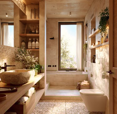 Rustic modern bathroom with a natural stone vessel sink, pebble tile flooring, and a large soaking tub.