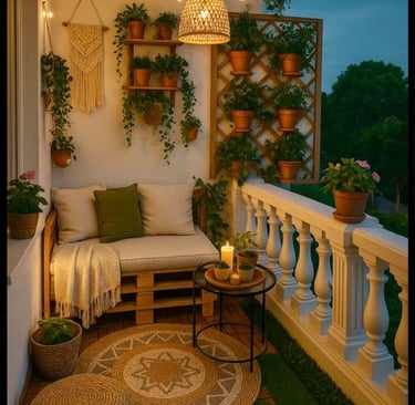 a balcony space design with wooden pallets, with a couch and a rug and planters
