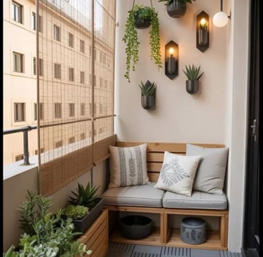 Cozy modern balcony with a wooden bench, hanging planters, wall lights, and bamboo privacy screens.