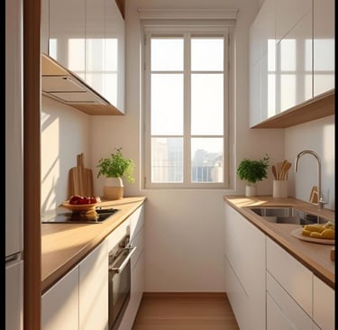 Modern minimalist galley kitchen with white cabinets, wooden countertops, and natural window lighting.