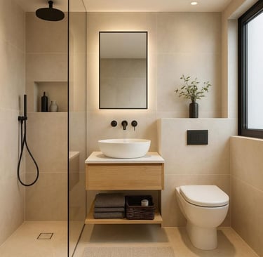 Modern bathroom with a glass walk-in shower, floating wood vanity, vessel sink, and black fixtures.