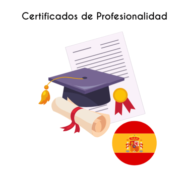 imagen que representa la obtención de un certificado de profesionalidad, birrete, diploma, bandera de españa