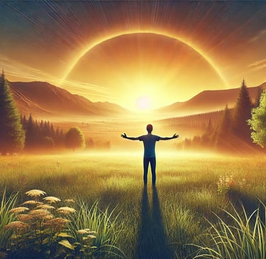 humano em um campo no nascer do sol em esperança e renovação