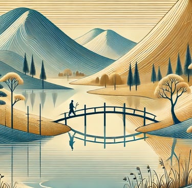 uma ponte de madeira simples e uma figura caminhando lentamente, carregando um ramo de flores