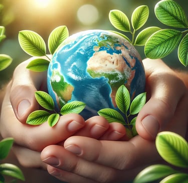 Mãos humanas segurando um pequeno globo terrestre  destacando a conexão entre humanidade e natureza