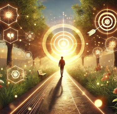 Um jovem andando em um caminho iluminado com um alvo nítido e brilhante ao fundo simbolizando metas