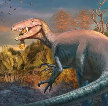 Reconstrução artística do Joaquinraptor com sua refeição de crocodilo. (Andrew McAfee, Museu Carnegi