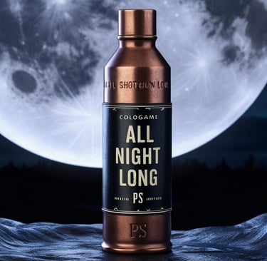 a shotgun shell shaped cologne bottle with a full moon in the background
