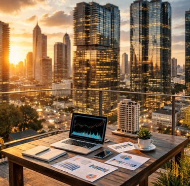 Mesa com gráficos de FIIs e notebook em terraço com prédios ao fundo.