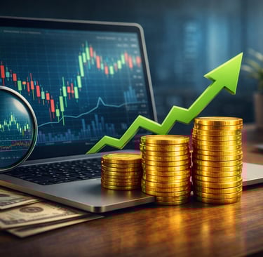 Gráfico de mercado em um notebook com pilhas de moedas e lupa, simbolizando investimentos.