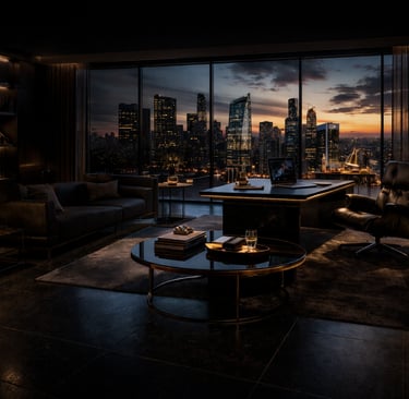 "Escritório executivo moderno com vista panorâmica de uma cidade iluminada ao entardecer, interior sofisticado com mesa