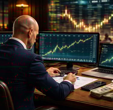 Investidor de terno analisando vários monitores com gráficos da bolsa de valores em um escritório sofisticado.