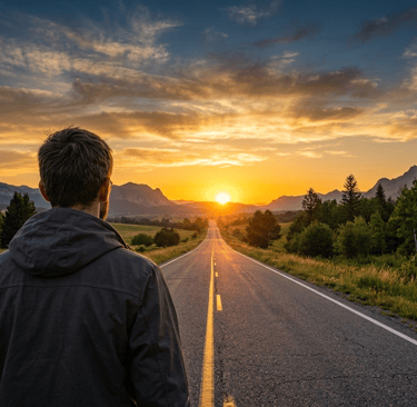Homem olhando a estrada ao pôr do sol.