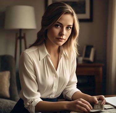 Mulher loira de camisa branca sentada à mesa com cédulas de dinheiro.