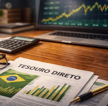 Imagem de mesa de trabalho com documentos financeiros e gráfico em laptop, representando investimento em Tesouro Direto.