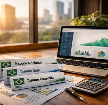 Mesa com títulos do Tesouro Direto, laptop com gráficos e documentos financeiros ao pôr do sol.