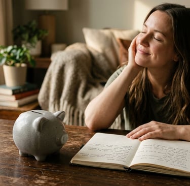 Mulher sorridente e relaxada anotando em um caderno ao lado de um cofre de porquinho.